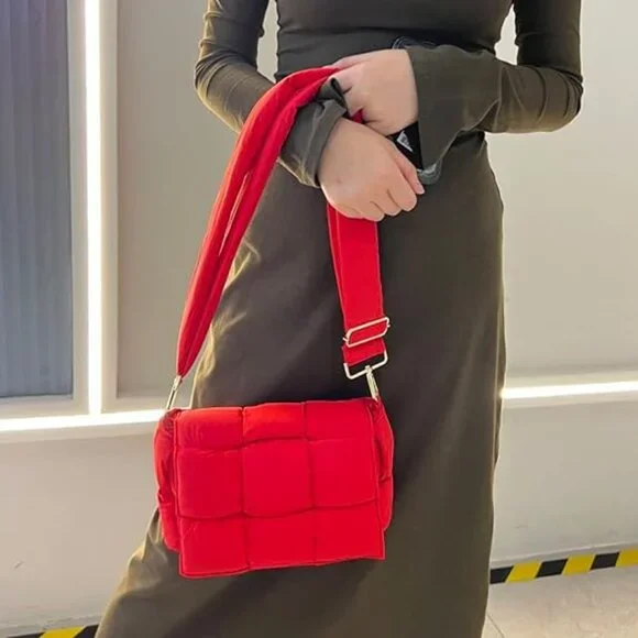 Neiman Marcus Woven Quilted Red Crossbody Purse - Picture 2 of 4